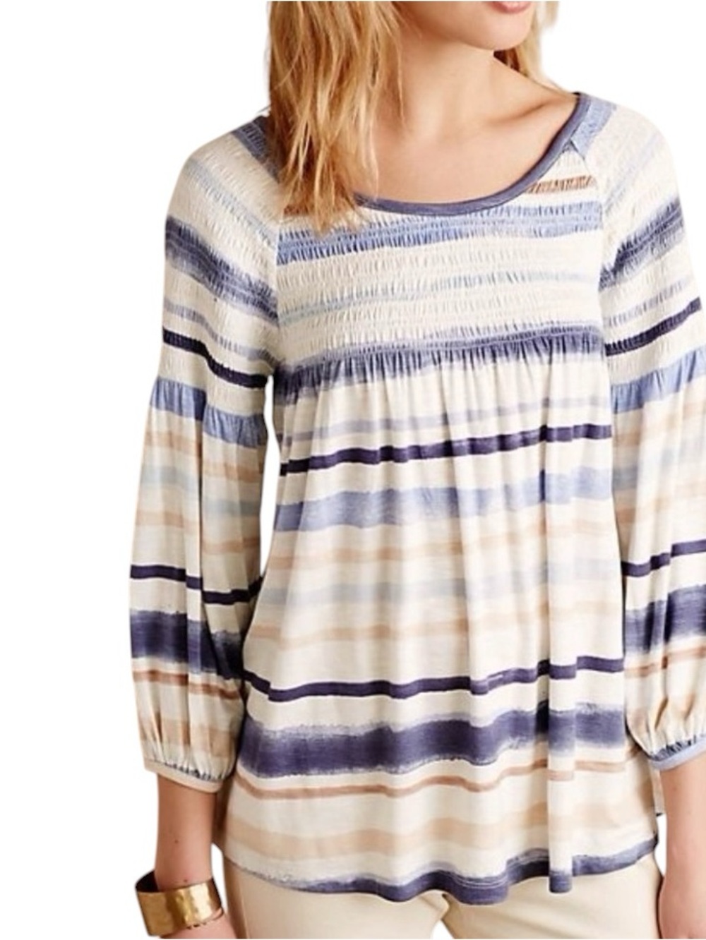 Anthro Meadow Rue Boho Peasant Top M Smocked Striped Cottagecore Flowy